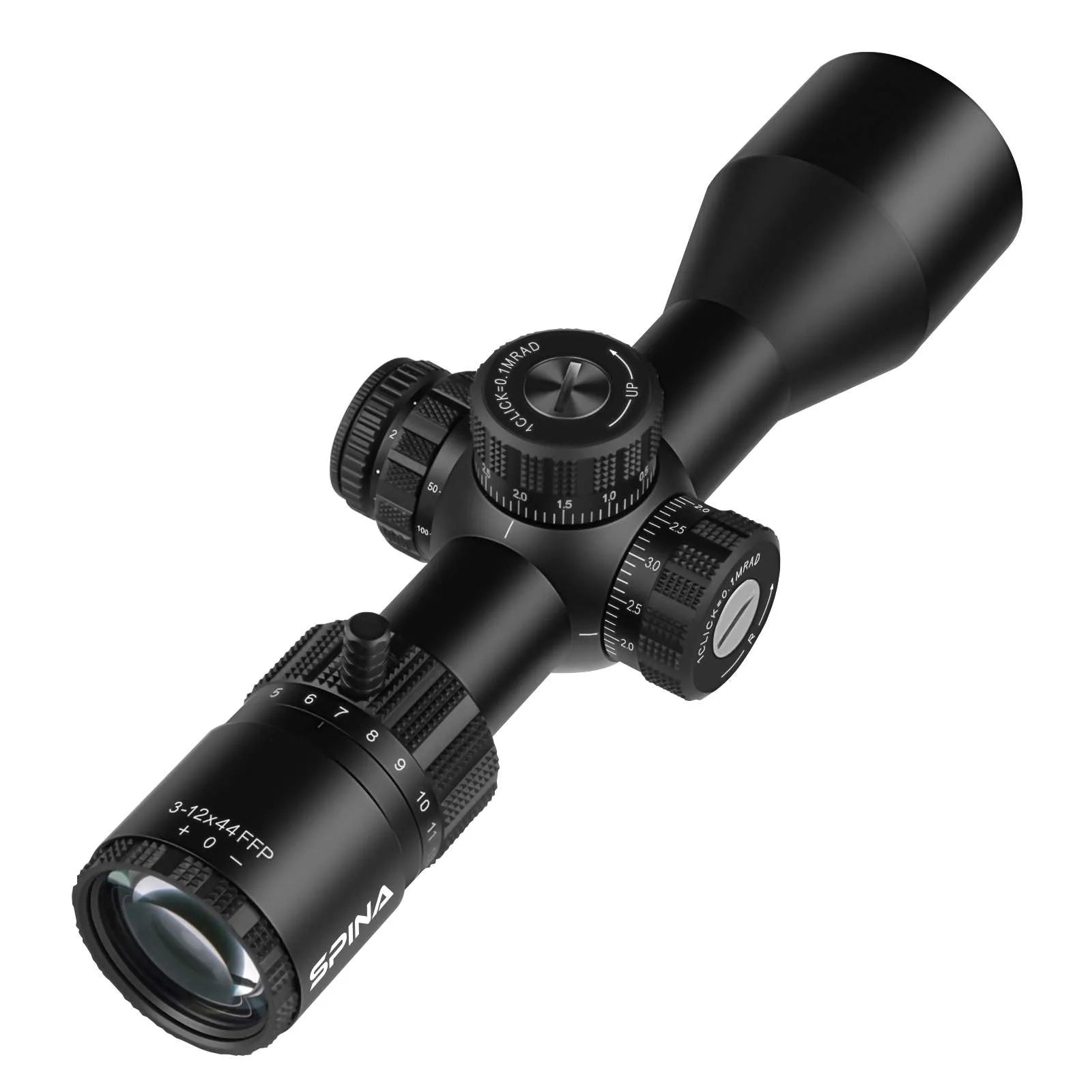 Spinaoptics WolfChase CV 3-12x44E FFP rifle scope with a matt black finish, showing the objective lens and adjustment turrets. — view 3