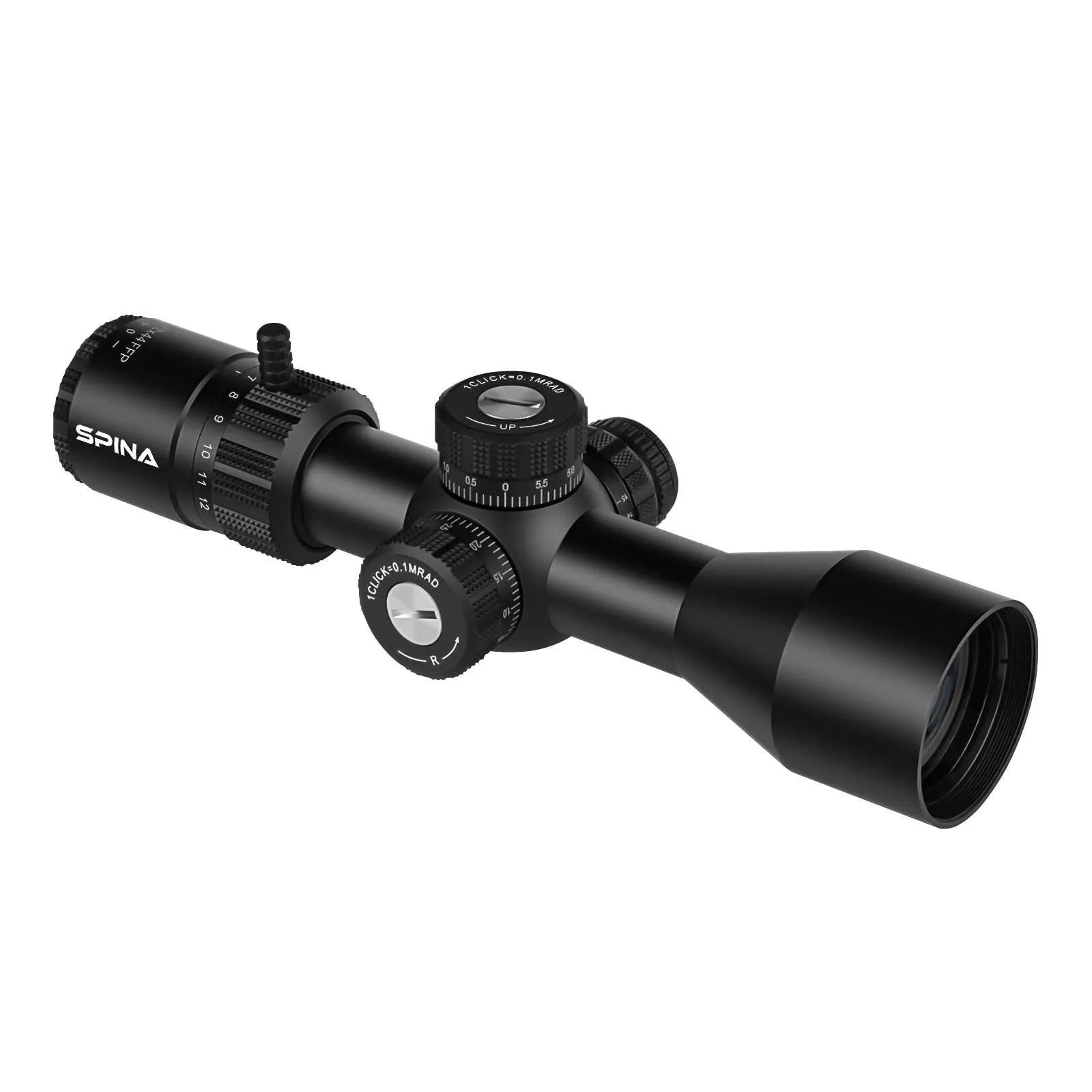 Spinaoptics WolfChase CV 3-12x44E FFP rifle scope with a matt black finish, showing the objective lens and adjustment turrets. — view 4