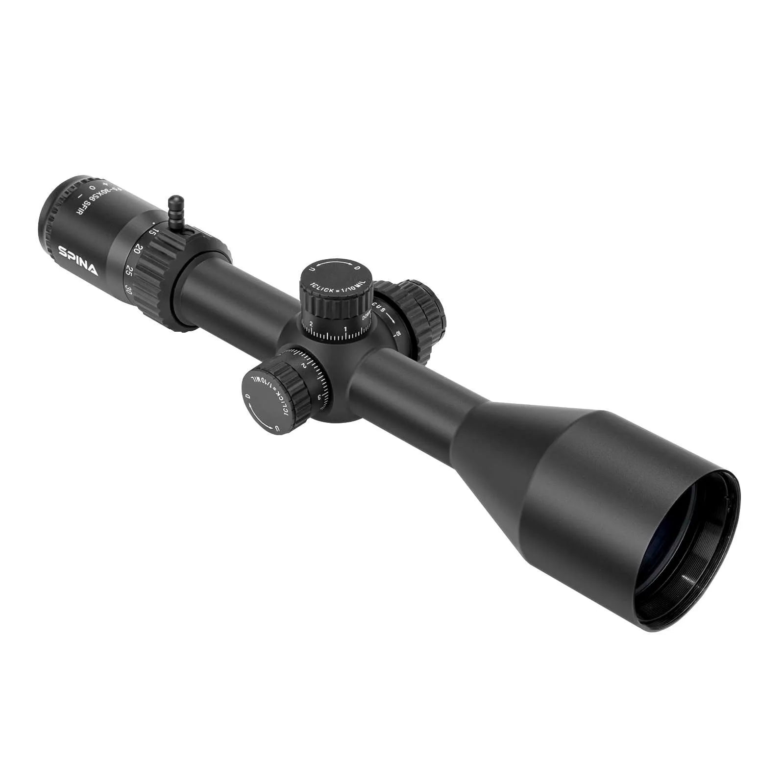 Spinaoptics FalconPoint 5-30x56 FFP rifle scope with sunshade and parallax wheel attached, shown from the left side. — view 4