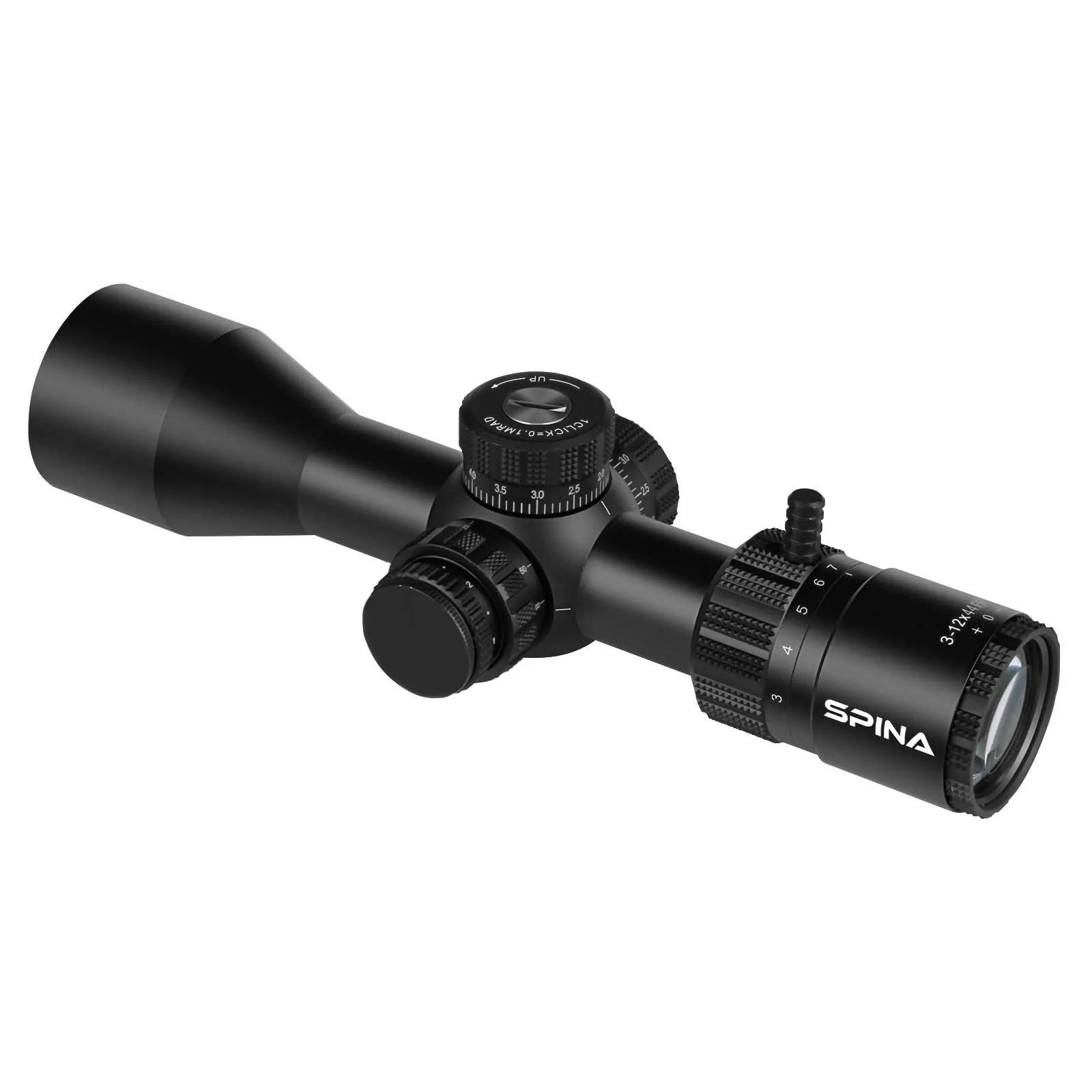 Spinaoptics WolfChase CV 3-12x44E FFP rifle scope with a matt black finish, showing the objective lens and adjustment turrets. — view 5