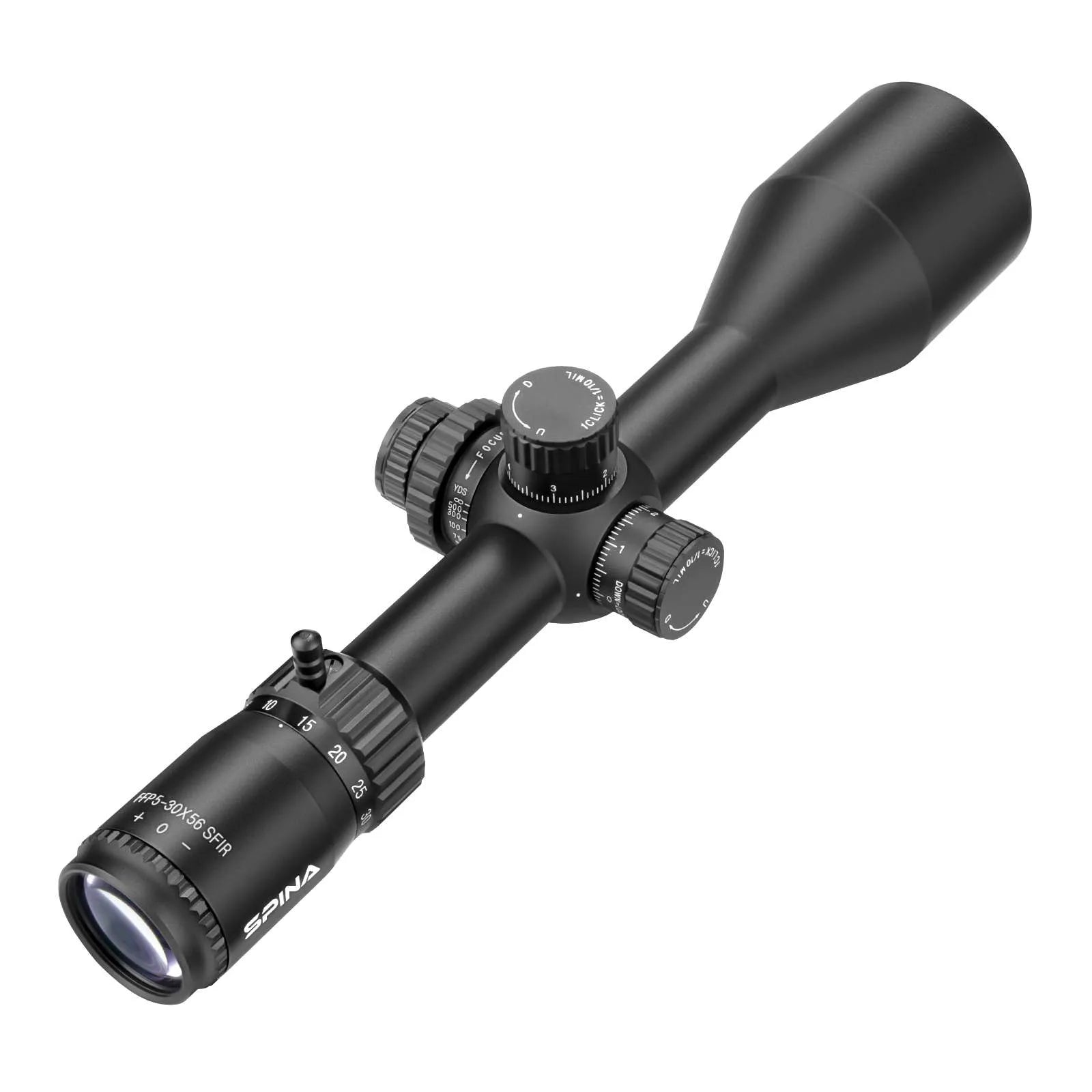 Spinaoptics FalconPoint 5-30x56 FFP rifle scope with sunshade and parallax wheel attached, shown from the left side. — view 5
