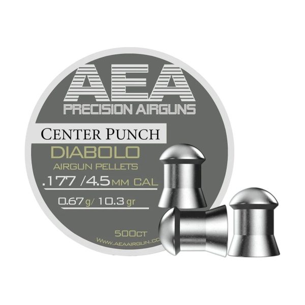 Tin of AEA Center Punch Diabolo Pellets in .177 caliber, 10.3 grain weight, with 500 pellets inside.