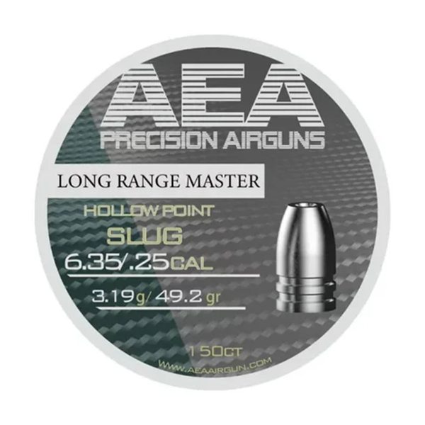 Tin of AEA Long Range Master Hollow Point Slugs, .25 caliber and 49.2 grain, with several slugs displayed beside the open container.
