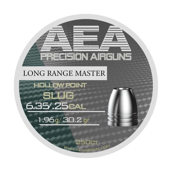 Tin of AEA Long Range Master Hollow Point Slugs in .25 caliber, 30.2 grain, with several slugs shown beside it.
