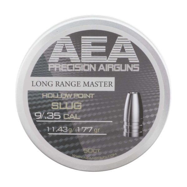 Tin of AEA Long Range Master .35 Caliber 177 Grain Hollow Point Slugs with several slugs displayed next to the open container.