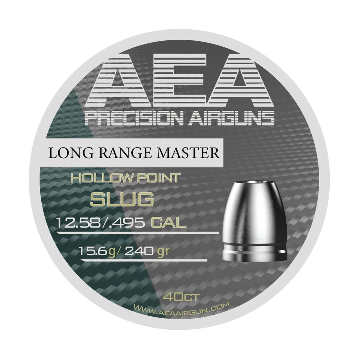 Tin of 40 AEA Long Range Master hollow point slugs in .50 caliber, weighing 240 grains each.