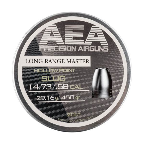 A tin of 20 AEA Long Range Master hollow point slugs, .58 caliber and 450 grain, next to a single slug on its side.