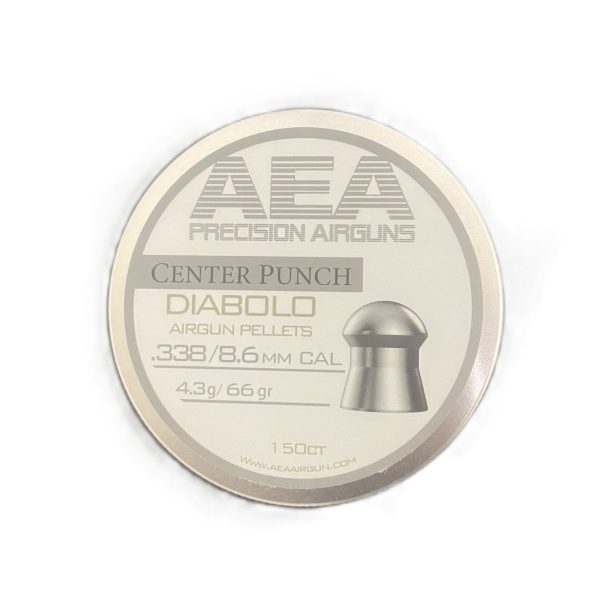 Tin of 150 AEA Center Punch Diabolo Pellets in .338 caliber, 66 grain weight, with one pellet shown next to the open container.