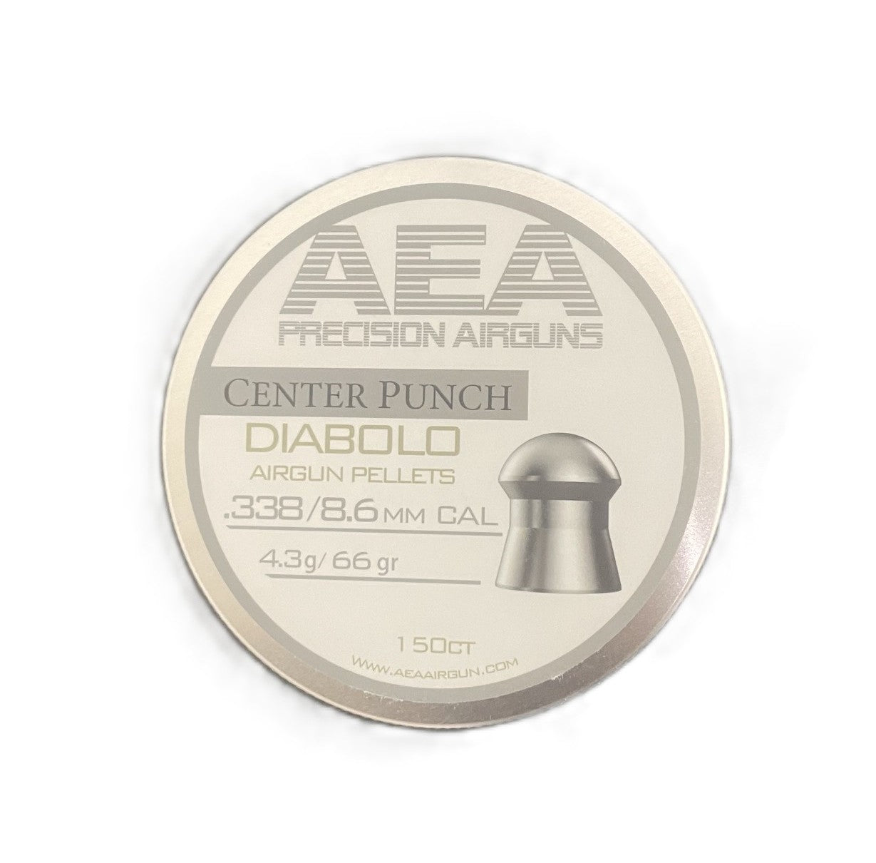 Tin of 150 AEA Center Punch Diabolo Pellets in .338 caliber, 66 grain weight, with one pellet shown next to the open container.