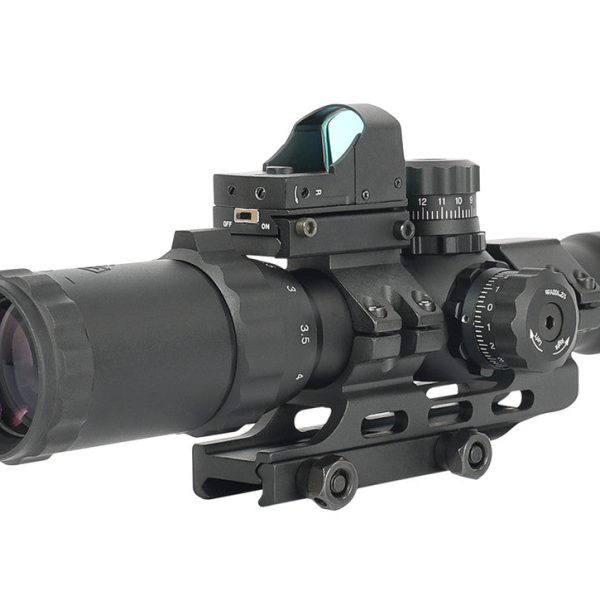 Northtac Assault Optic 1-4x LPVO rifle scope with an included micro red dot sight mounted on top of the main tube.