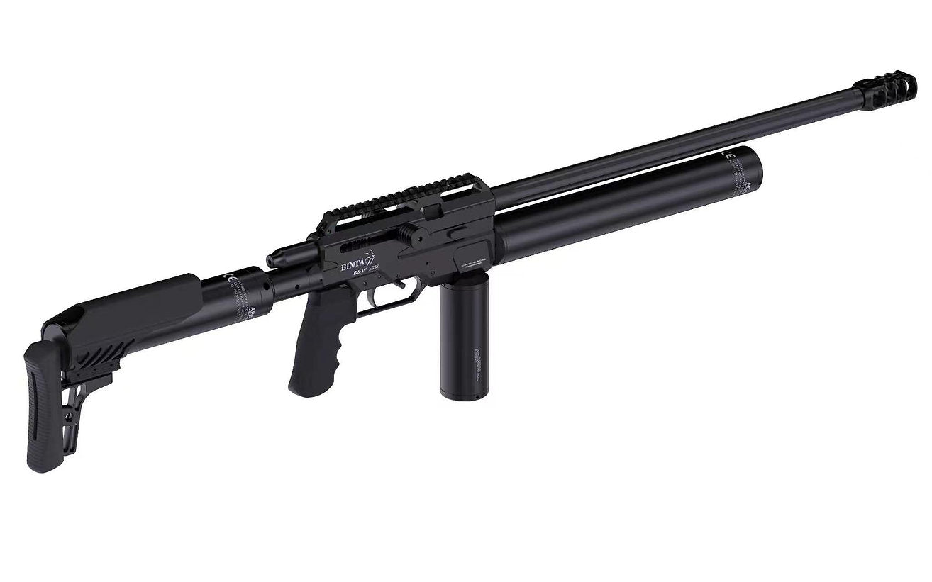 Bintac B&W S338 semi-automatic .338 caliber big bore PCP air rifle with a black stock and long barrel, shown from the side. — view 2