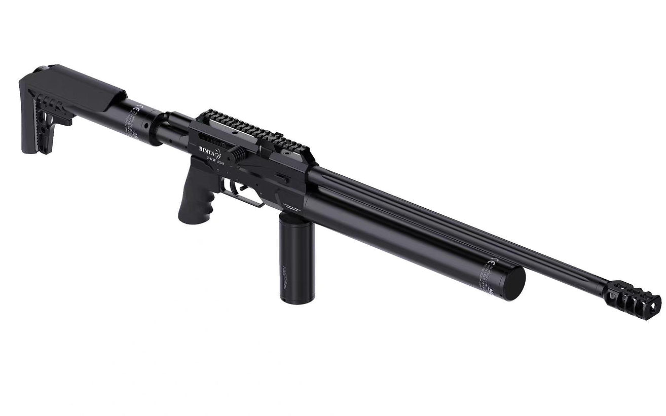 Bintac B&W S338 semi-automatic .338 caliber big bore PCP air rifle with a black stock and long barrel, shown from the side. — view 3